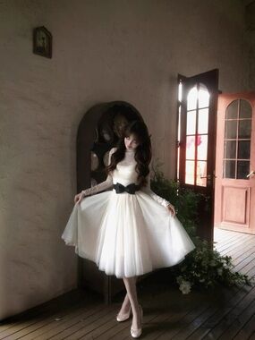 White Tulle Lolita Dress set with Blue Black Bow